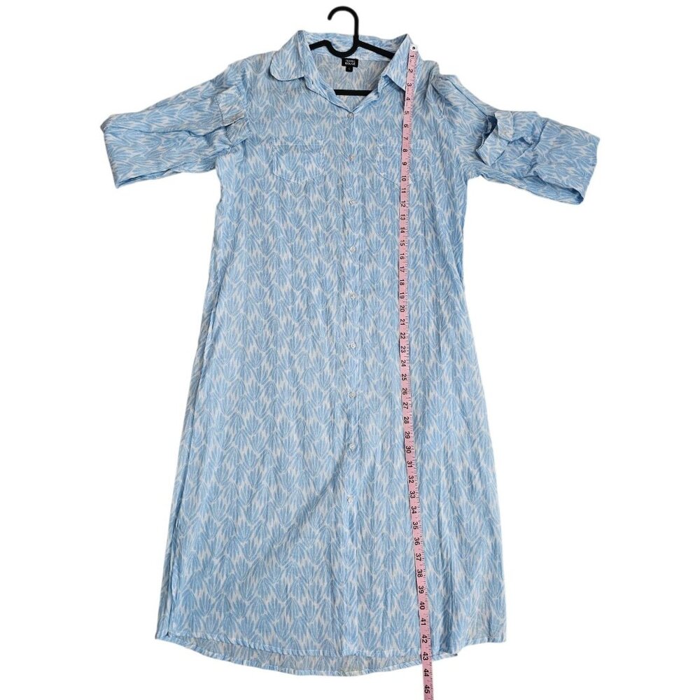 Terre Rouge Women Large Blue White Leaf Print Cotton Shirt Dress European Resort - Picture 6 of 7